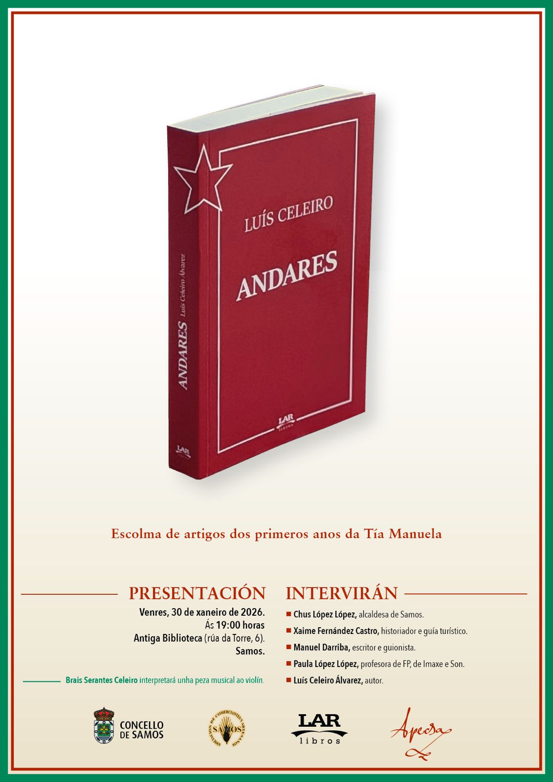 “Andares” do xornalista, Luís Celeiro, preséntase este 30 de xaneiro en Samos