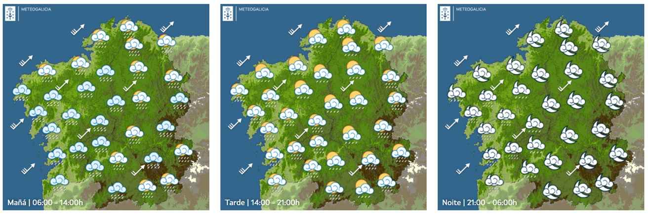Este martes unha fronte deixará choivas intensas nas Rías Baixas e en Santiago durante a mañá