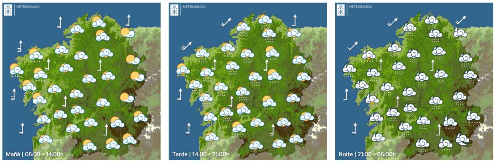 Domingo 9, con ceos nubrados, choiva e vento forte en boa parte de Galicia