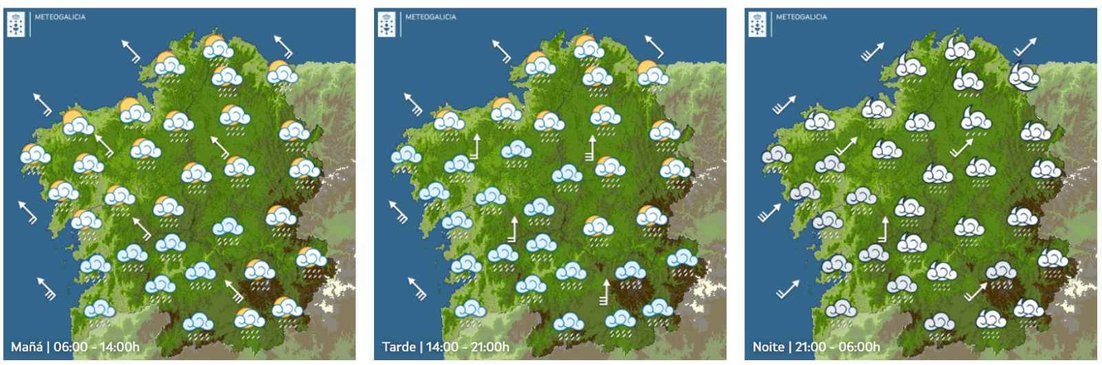 Xoves 13, precipitacións localmente fortes e persistentes na metade sur e oeste do país